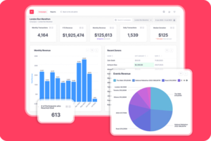 raisin Analytics fundraising dashboard, comparative campaign chart and tile showing key stat.