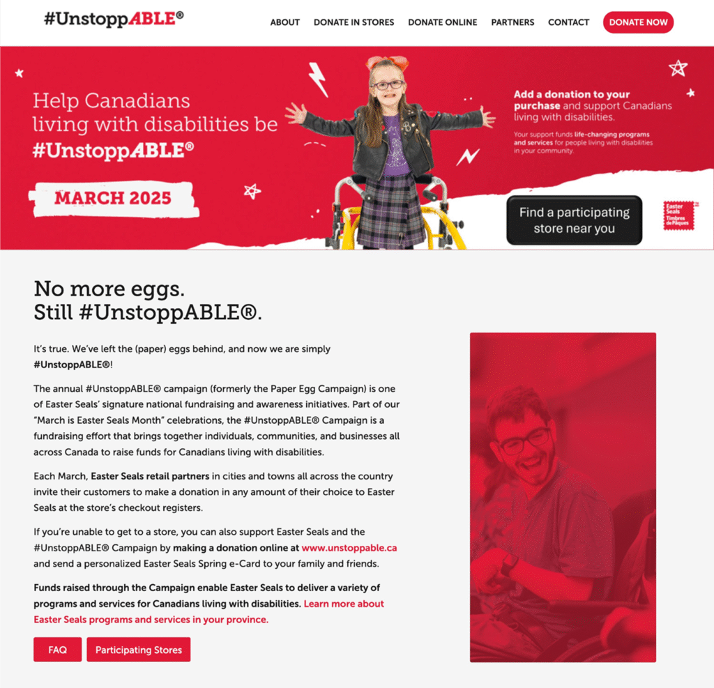 Screenshot of the homepage of the #Unstoppable website. The hero title is "Help Canadians living with disabilities be #Unstoppable. March 2025" 