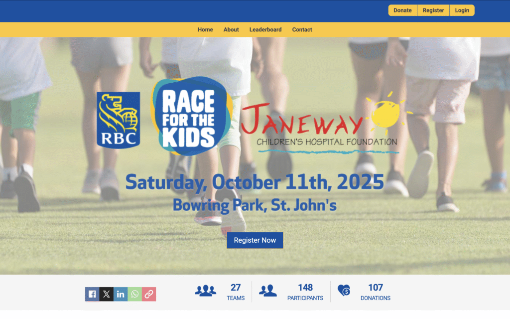 The registration page for the "Race For The Kids" event by Janeway Children's Hospital Foundation. Created using raisin software's campaign website builder.