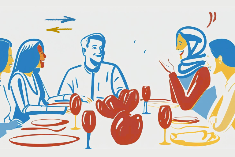 Illustration of people seated around a dinner table engaging in Jeffersonian Dinner