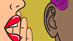 A zoomed-in illustration of a person whispering to another person, representing P2P events fundraising.