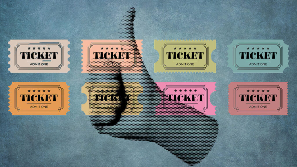 An illustration of different coloured template tickets, with a thumbs-up in the background. Representing the nonprofit ticketing and event module of raisin software.