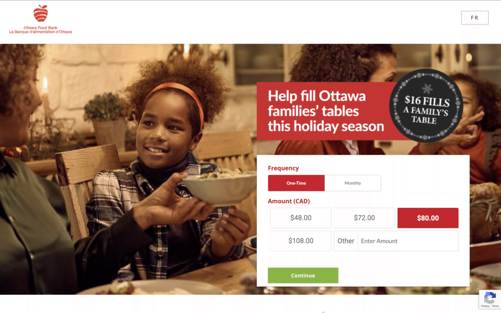 An online donation page for the Ottawa Food Bank 2025 holiday campaign
