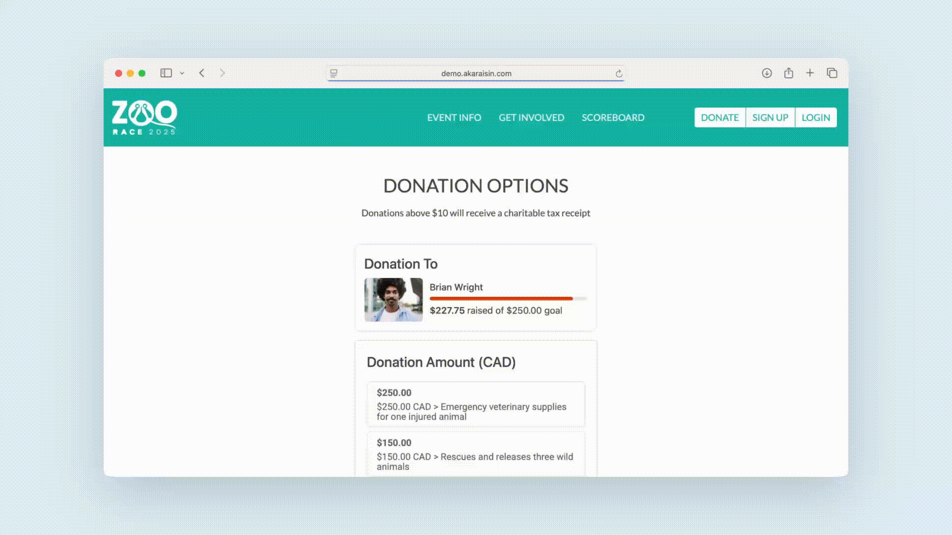 Donation messages appearing after different giving amounts are selected