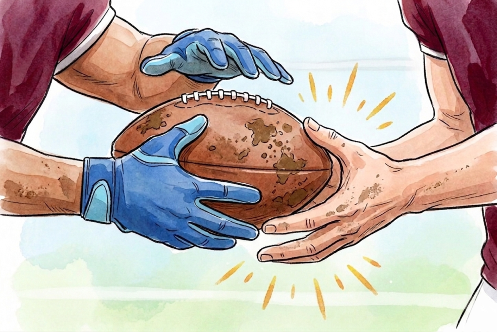 In water colour style, a hand off is taking place between a quarter back and a running back. It's a tense moment in the game.