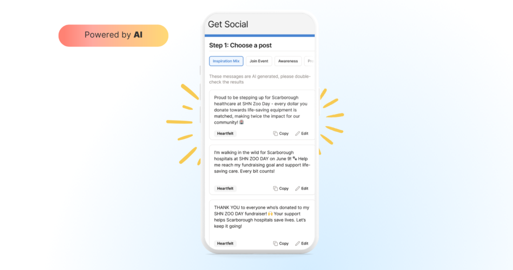 Image of Fundraising Portal on mobile device with AI-generated social posts on screen