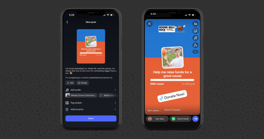 Two phones side by side. On is showing an Instagram posted shared from a raisin fundraising page. Another is showing an Instagram Story shared from raisin.
