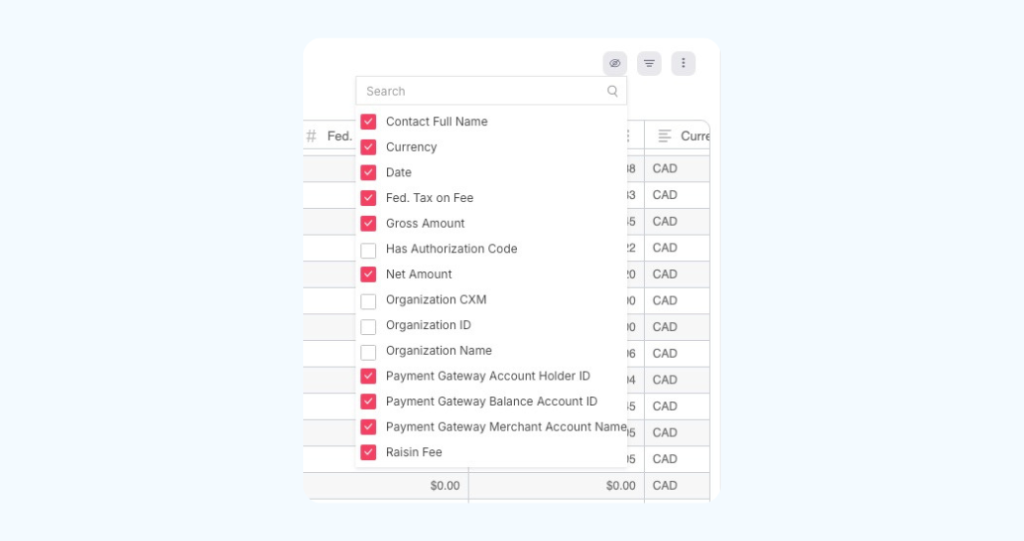 Some of the available fields in raisin Payments Fee Report