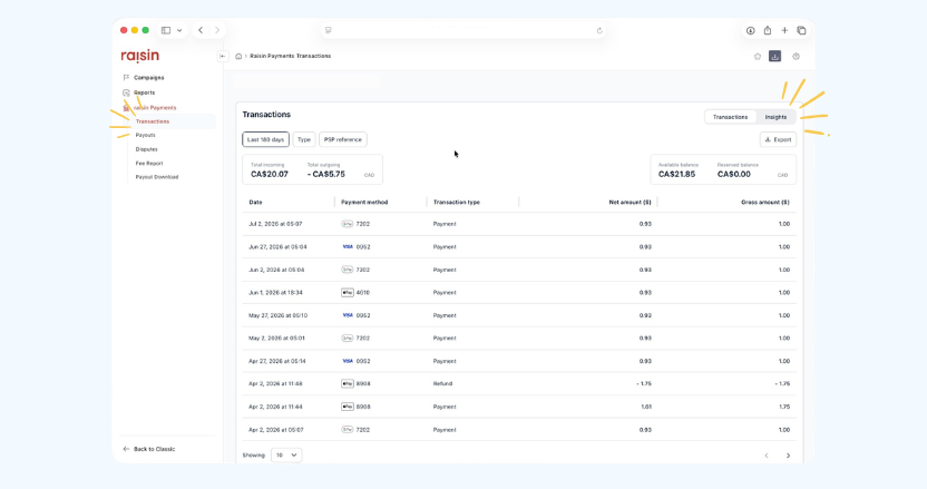 View of Transactions journal for raisin Payments